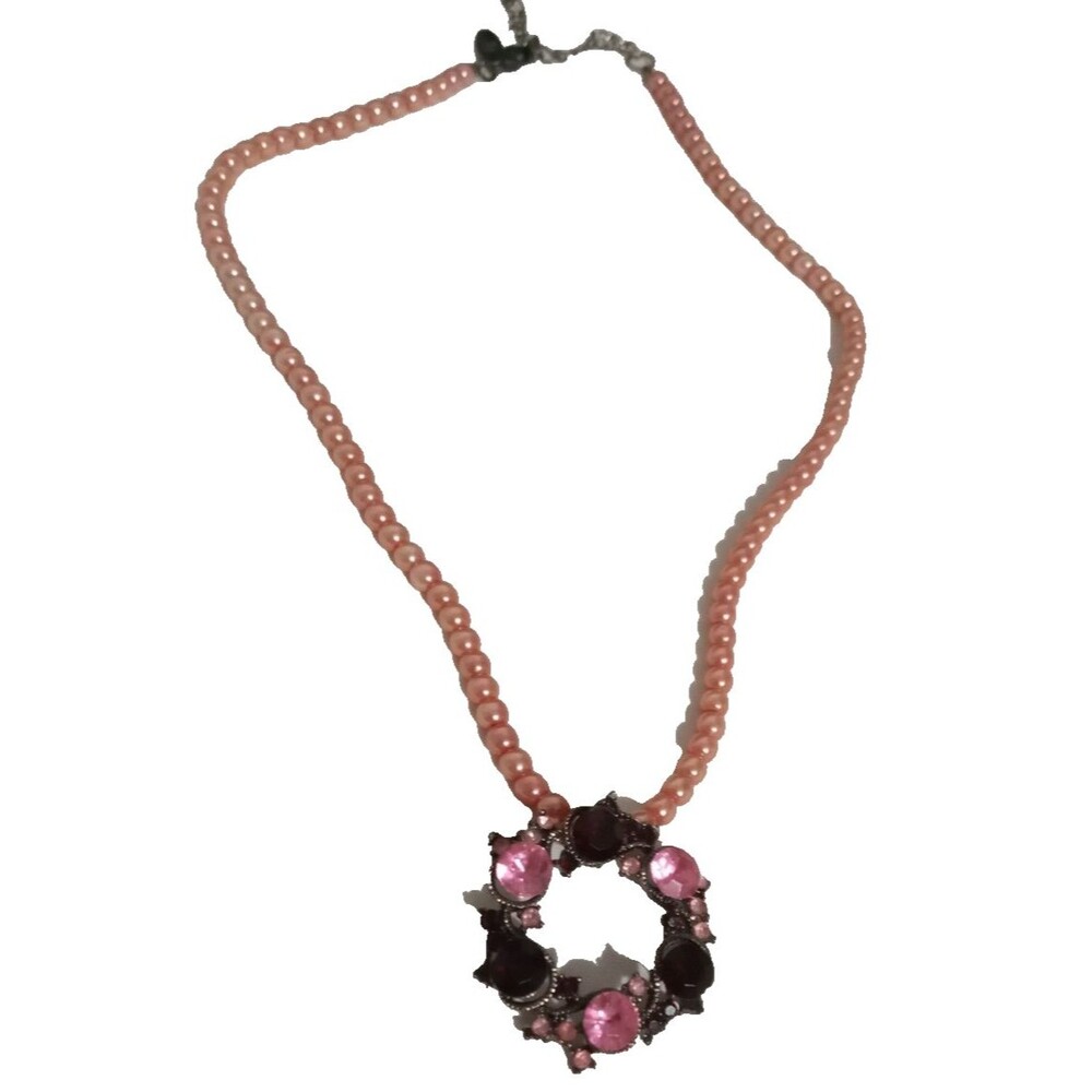 NY Circle Pendant Necklace Barbie Pink Pearl Purple Rhinestone Gunmetal Silver